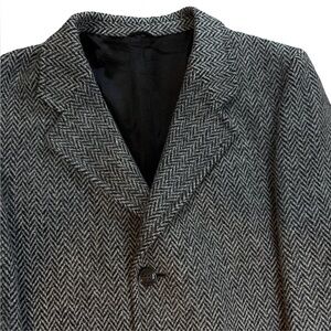 Leishman Balmacaan Winter Long Overcoat Mens 46R Tweed Wool Herringbone Grey